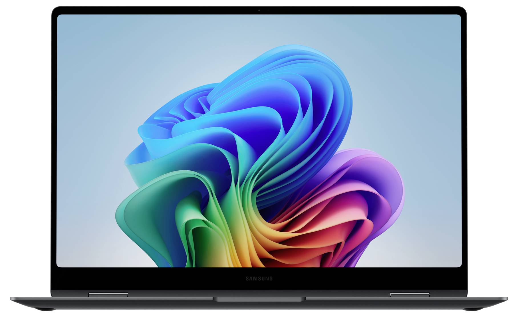 Ein Laptop-Bildschirm zeigt eine farbenfrohe abstrakte digitale Kunst mit wirbelnden Formen in Blau-, Grün- und Rosatönen auf einem hellen Hintergrund.