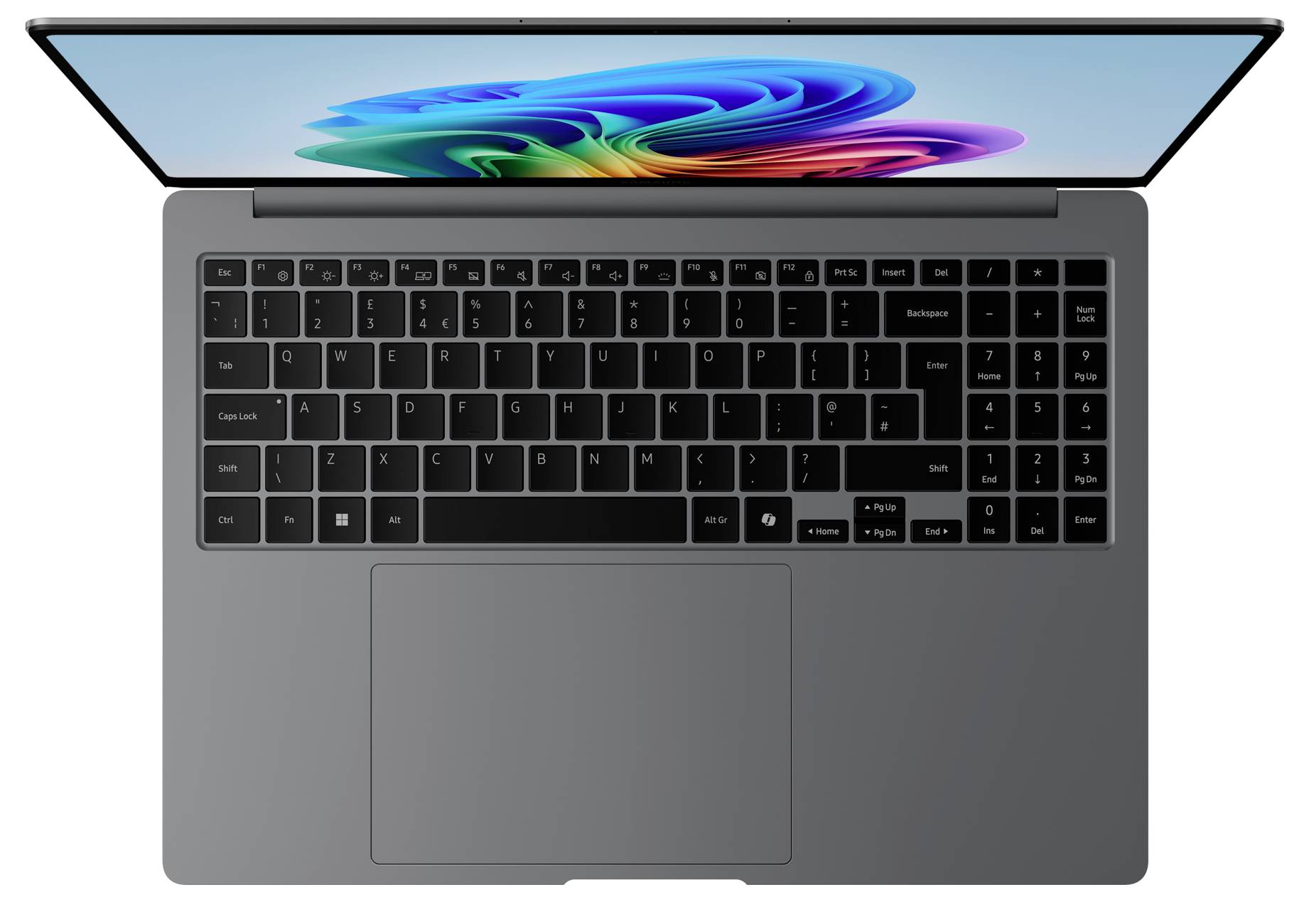 Ein schlankes, geöffnetes Laptop, von oben betrachtet, mit einer farbenfrohen Anzeige, schwarzer Tastatur und großem Trackpad.