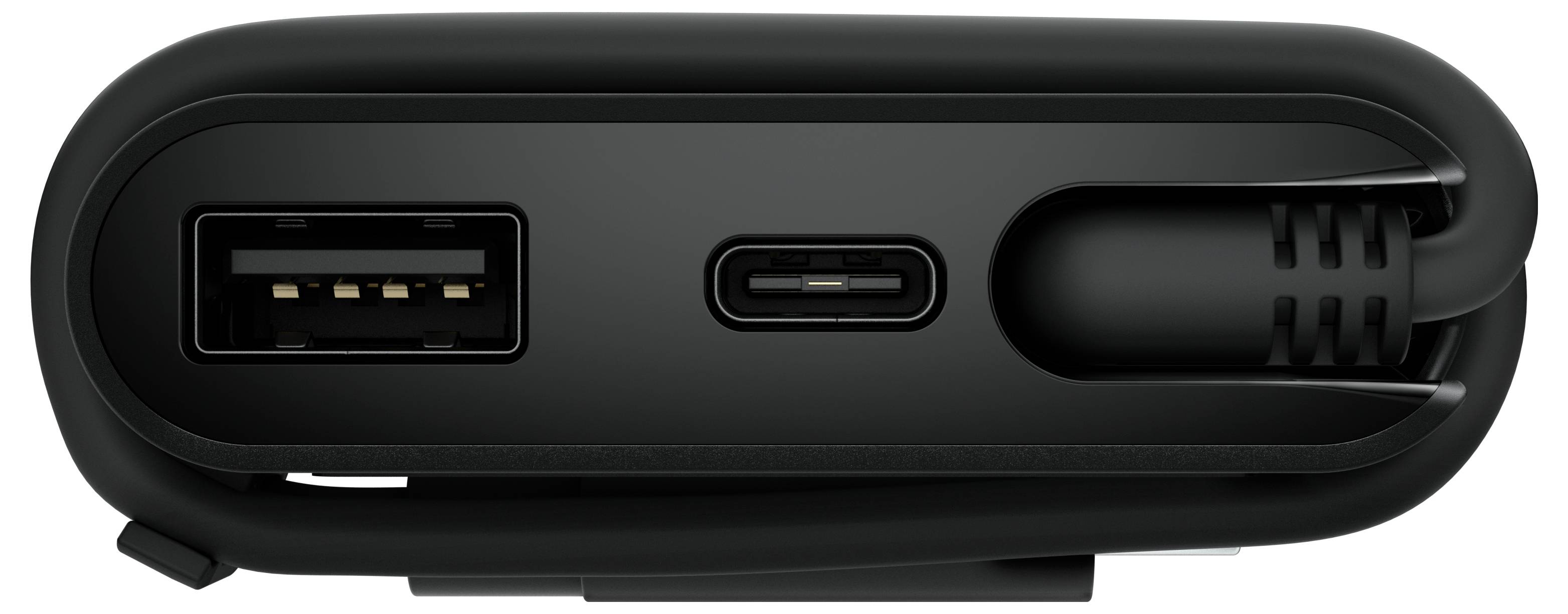 Ein schwarzes Gerät mit zwei Anschlüssen: einem USB-A und einem USB-C, zusammen mit einem Kabelaufwicklungsbereich.