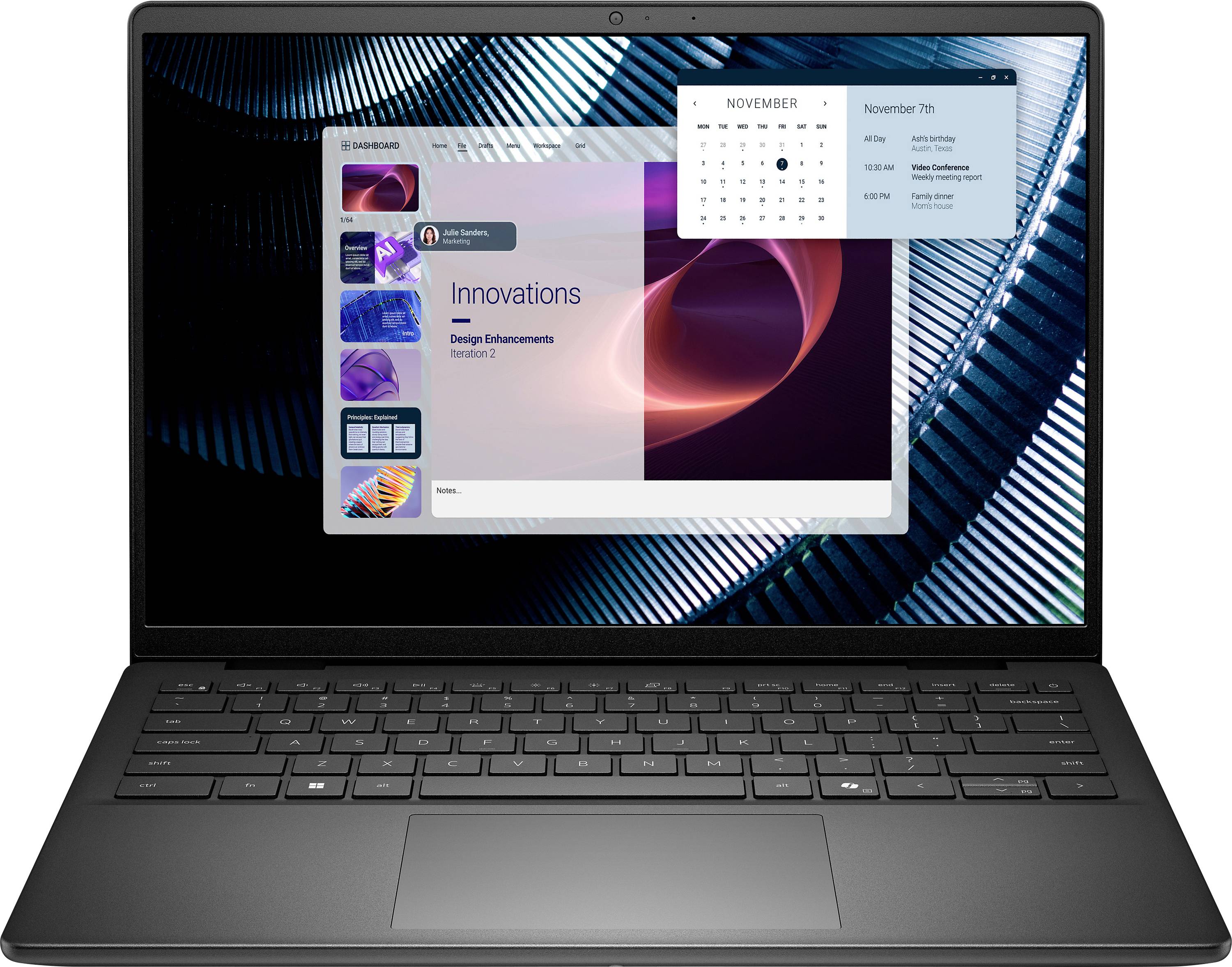 Ein Laptop zeigt eine Präsentationsfolie mit dem Titel „Innovationen: Design-Verbesserungen
