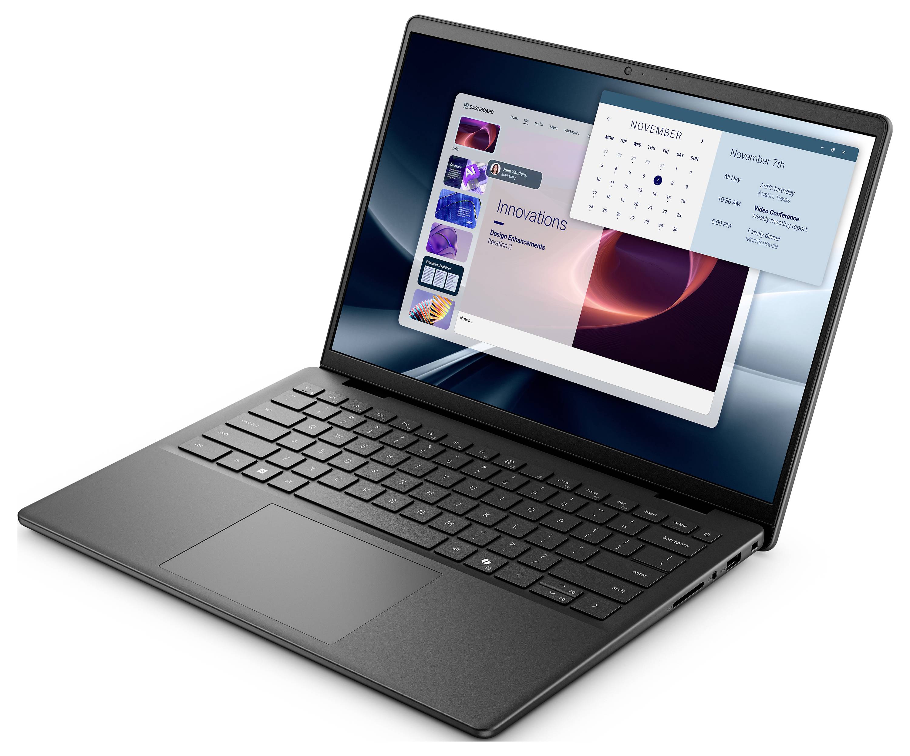 Ein schlankes schwarzes Laptop, das einen Kalender und eine Präsentation mit dem Titel 