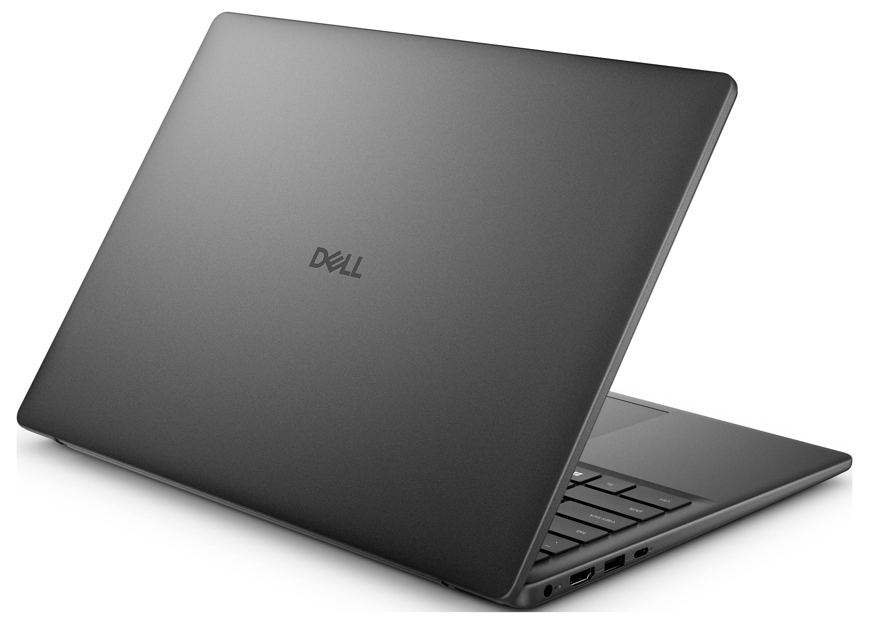 Ein schlanker, offener schwarzer Dell-Laptop, leicht nach links geneigt, der das moderne, dünne Design und die sichtbare Tastatur zur Schau stellt.
