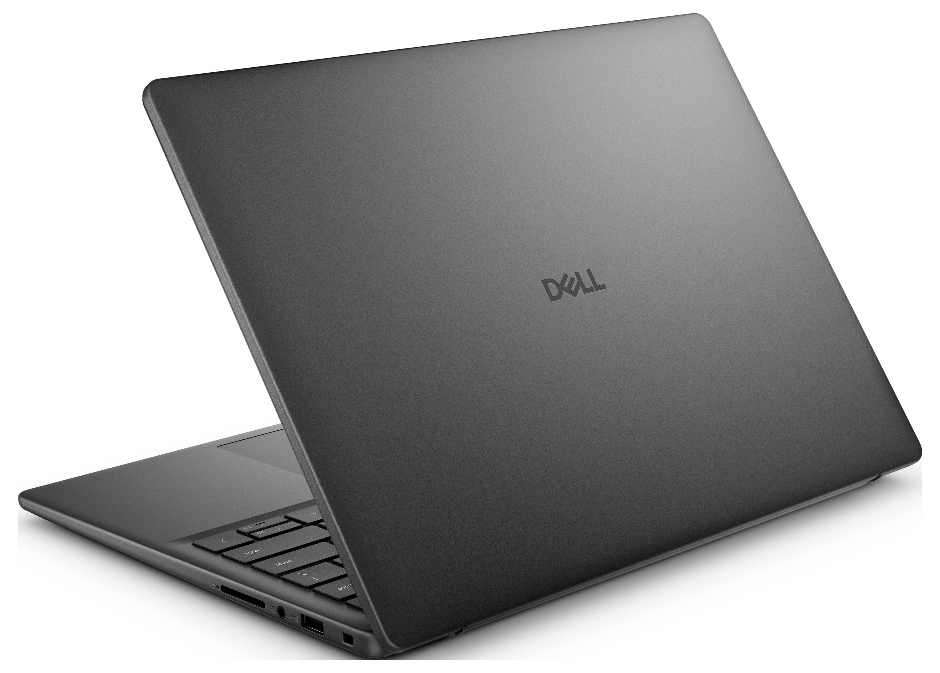 Ein schlanker, teilweise geöffneter schwarzer Dell-Laptop ist so positioniert, dass sein schlankes Design hervorgehoben wird, mit sichtbarer Tastatur und Anschlüssen an der Seite.