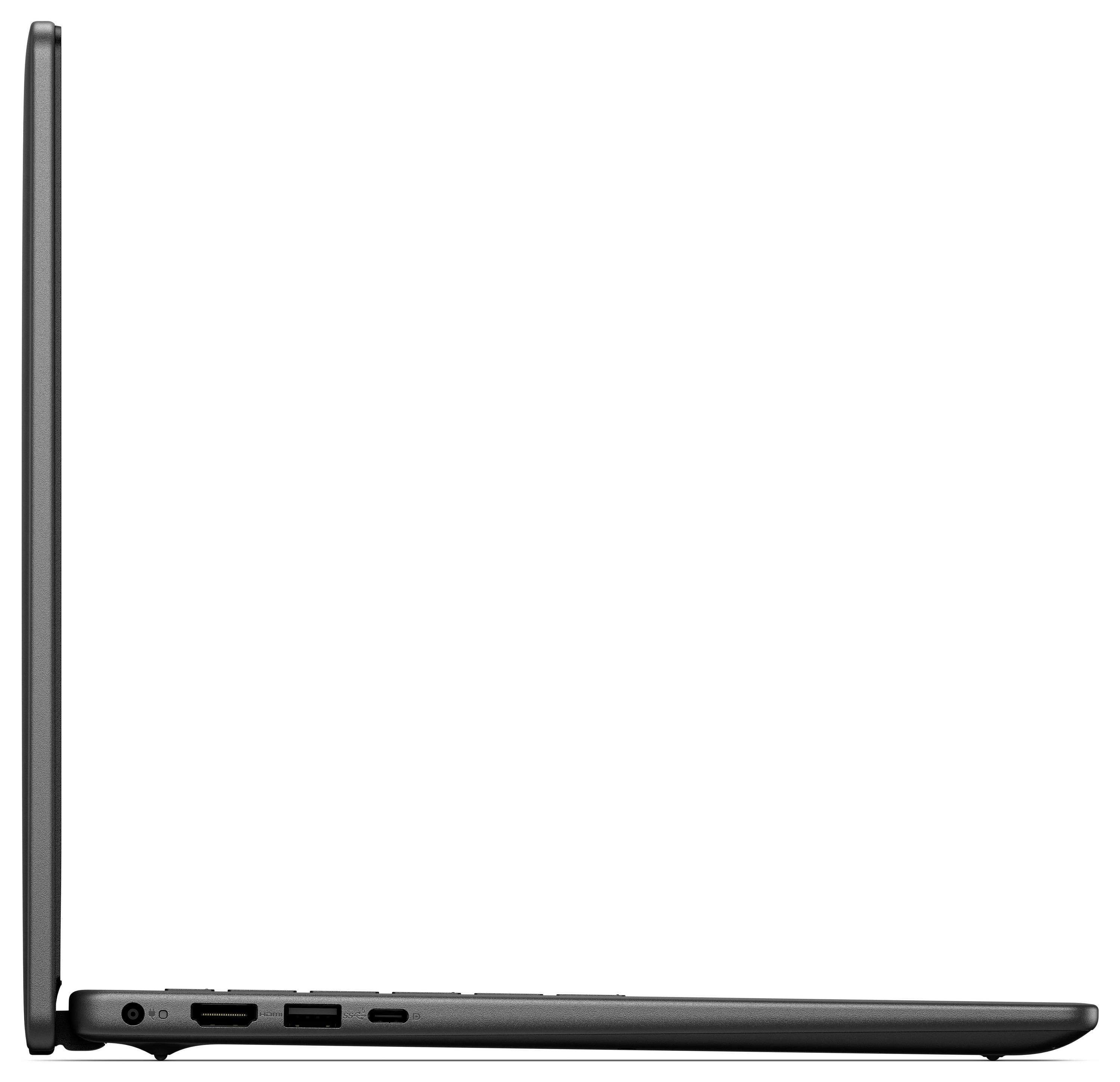 Ein schlanker, moderner Laptop wird in Seitenansicht gezeigt, teilweise geöffnet, wobei sein dünnes Profil und die integrierten Anschlüsse am linken Rand hervorgehoben werden.