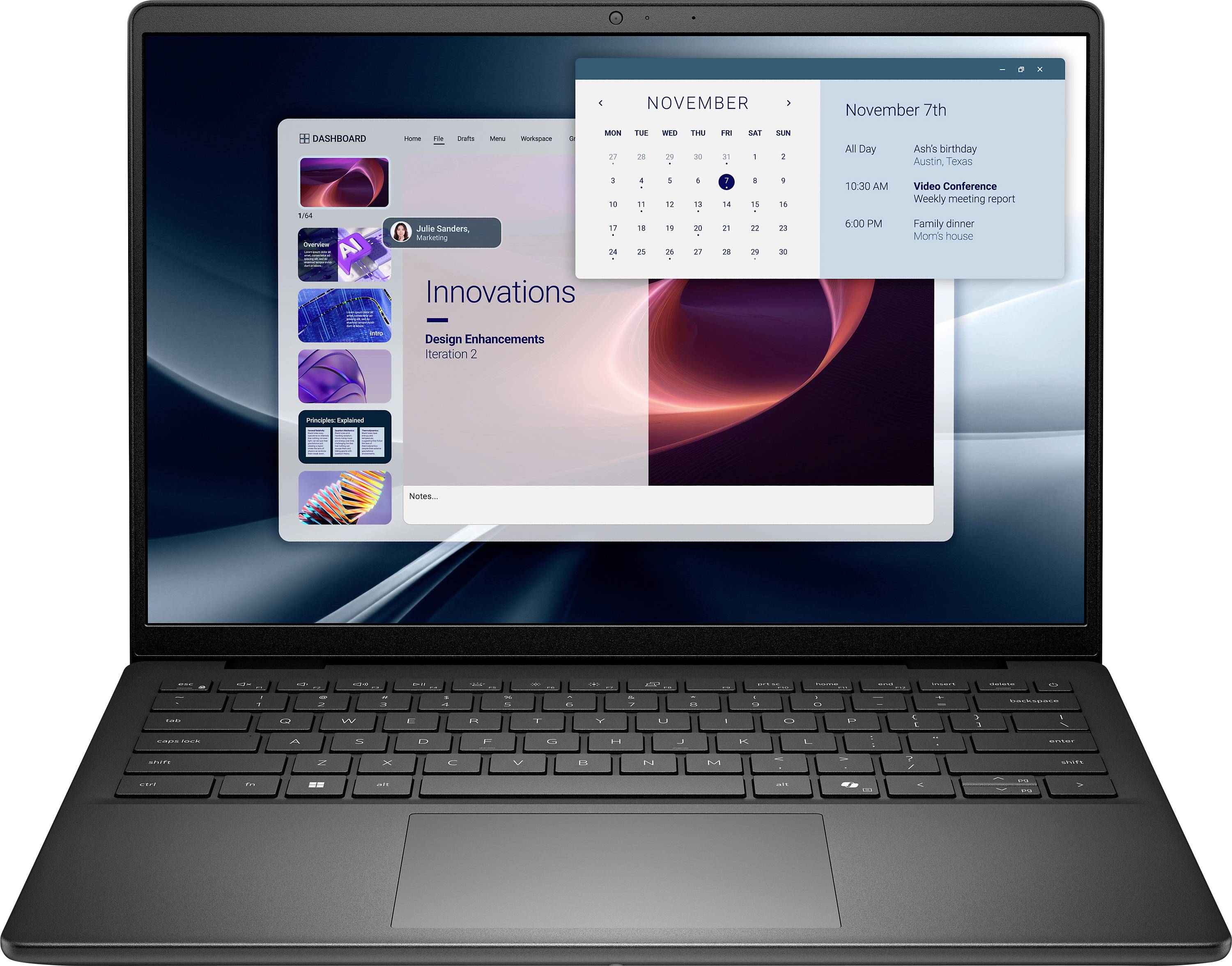 Ein Laptop, der ein Dashboard mit einem Kalender für den 7. November zeigt, mit Erinnerungen an eine ganztägige Konferenz, einen Videoanruf um 10:00 Uhr und einen Designmeetingbericht um 14:00 Uhr.