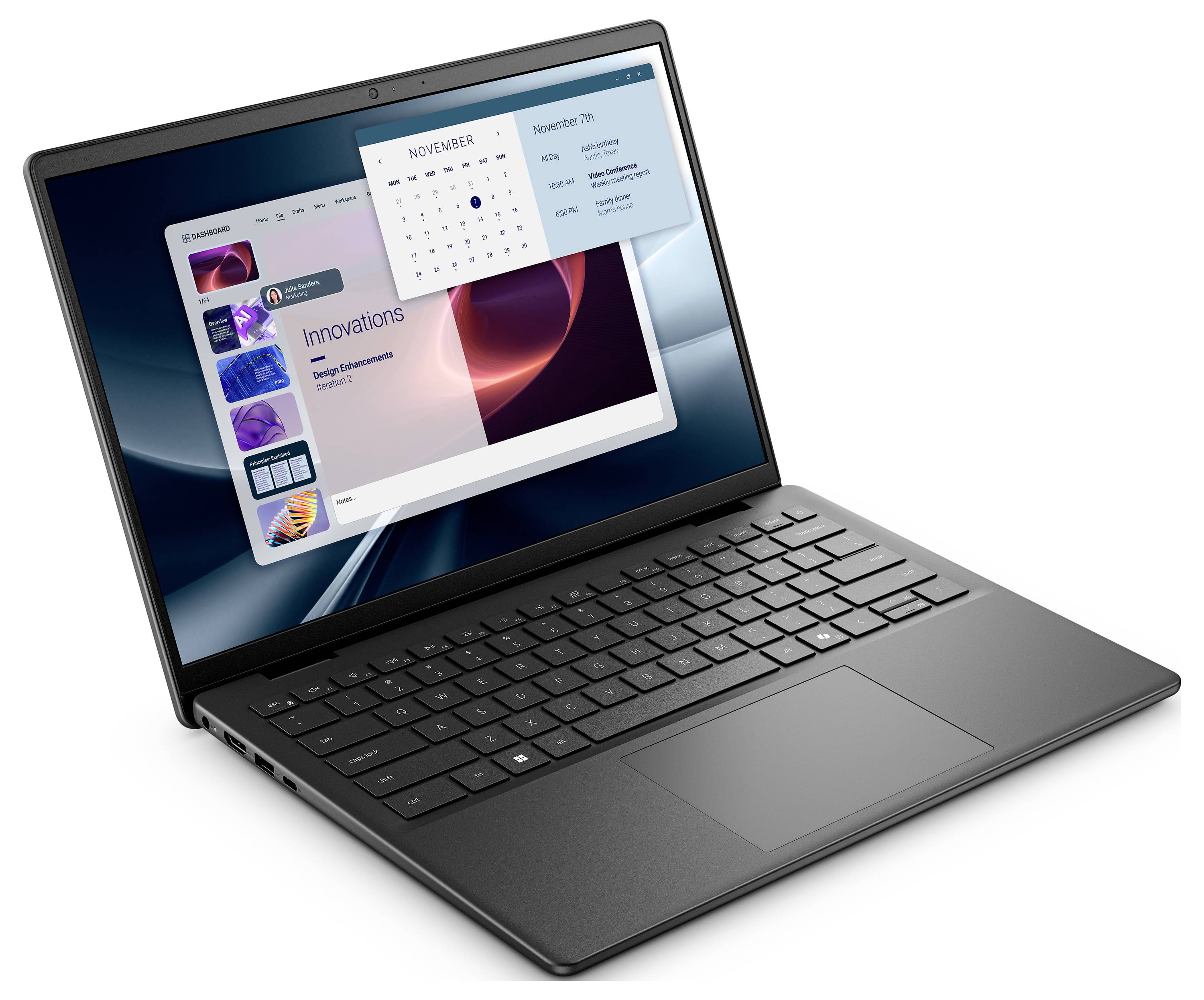 Ein schwarzer Laptop, der eine geöffnete Webseite mit dem Titel 'Innovationen' und ein Kalender-Popup mit dem Datum 7. November zeigt. Der Bildschirm ist in einem Sichtwinkel positioniert.