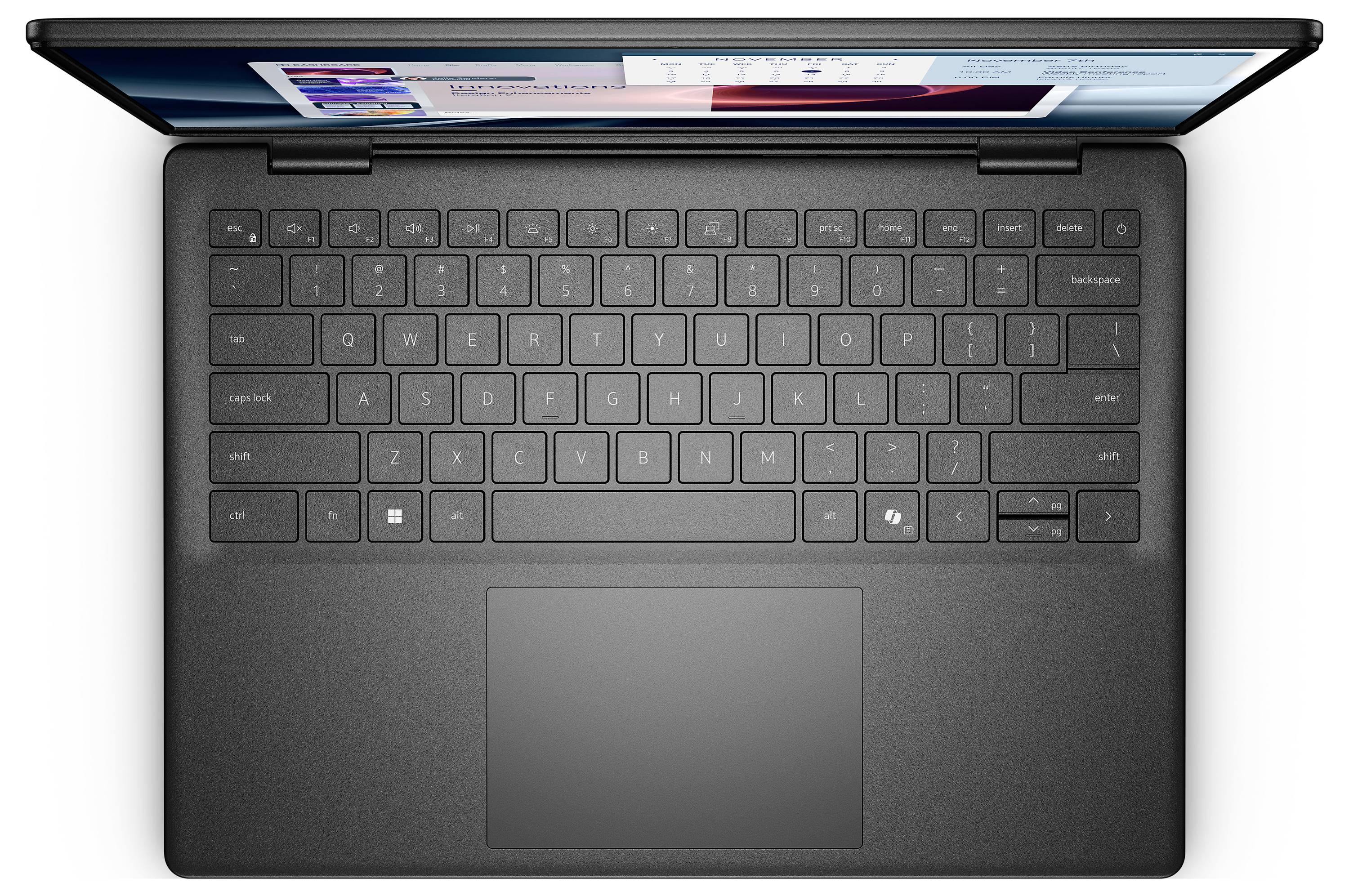 Draufsicht eines geöffneten Laptops mit einer schwarzen Tastatur und einem Bildschirm, auf dem eine Webseite mit Text und Bildern angezeigt wird.