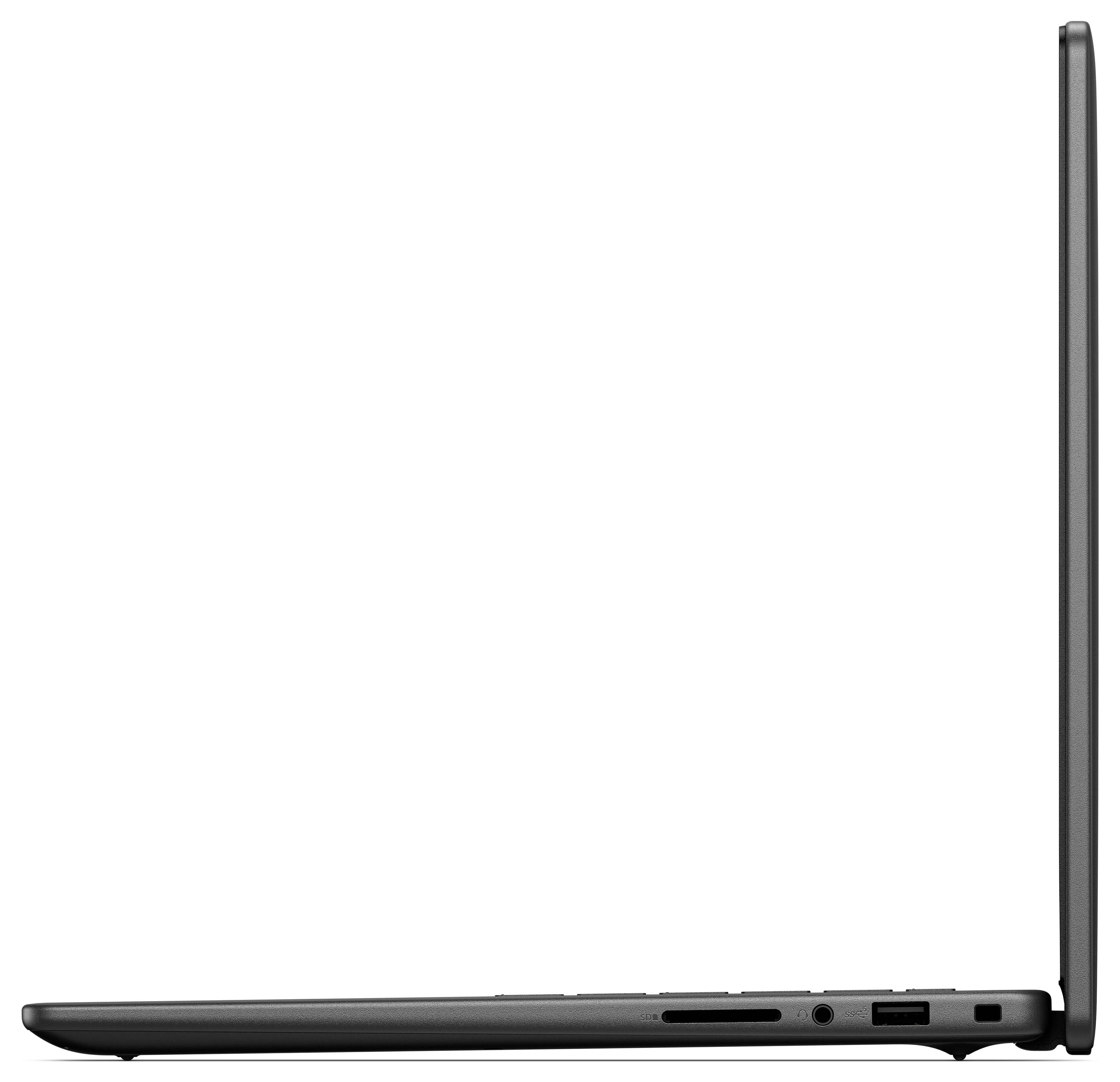 Ein Seitenprofil eines schlanken, geöffneten Laptops, der sein dünnes Design und verschiedene Anschlüsse, einschließlich USB- und Audioports am Rand, hervorhebt.