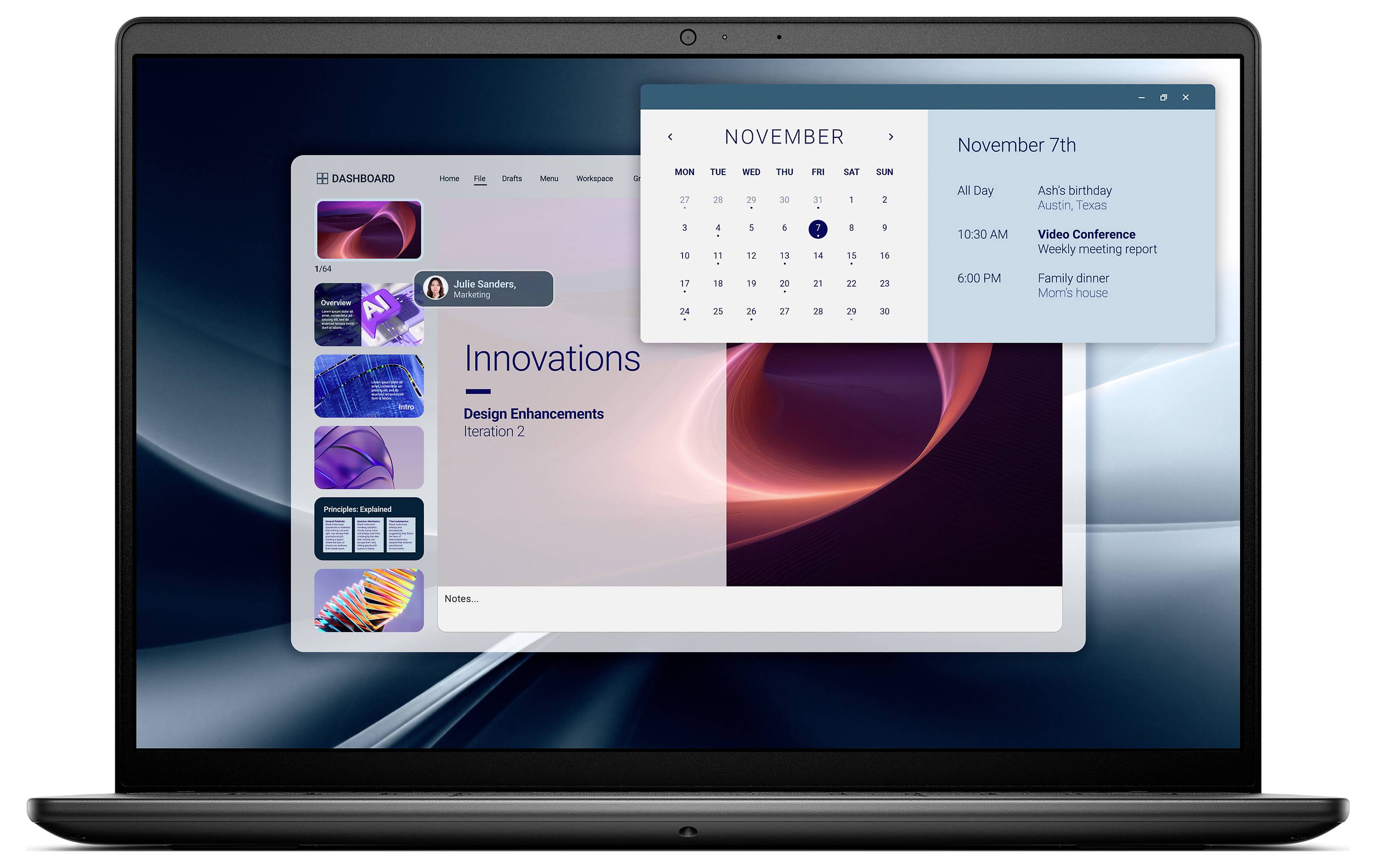 Ein Laptop-Bildschirm zeigt einen Kalender für November und ein Projekt-Dashboard mit der Bezeichnung ‚Innovationen', mit einer Erinnerung an eine Videokonferenz am 7. November.