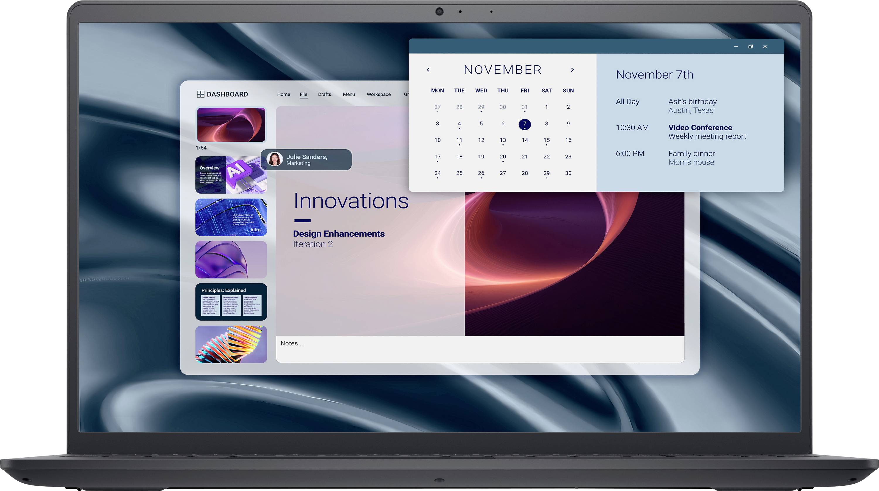 Laptop-Bildschirm zeigt einen Kalender mit Ereignissen: 'Videokonferenz', 'Wöchentlicher Besprechungsbericht', 'Familienessen'. Hauptbildschirm mit dem Titel 'Innovationen'.