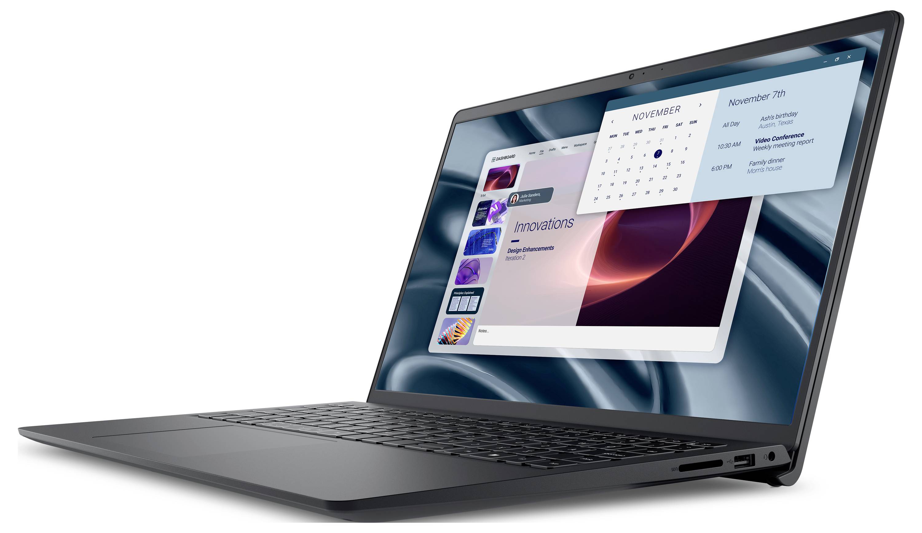 Ein Laptop, der ein Videochat-Fenster und einen Kalender für den 7. November auf dem Bildschirm zeigt. Das Bild betont Arbeit und Organisation.