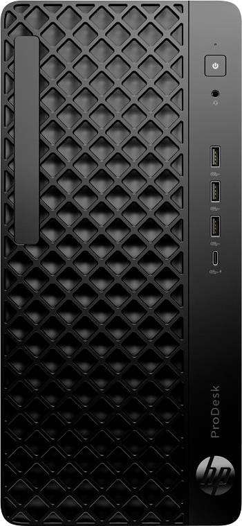 Das Bild zeigt die Frontseite eines HP ProDesk Desktop-Computers mit einem strukturierten Rautenmuster, einem Einschaltknopf und drei USB-Anschlüssen.