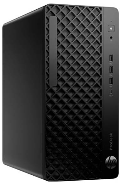 Ein schwarzer Computer-Tower mit einer strukturierten Frontplatte, ausgestattet mit einem Einschaltknopf, USB-Anschlüssen und dem HP-Logo.