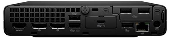 Rückansicht eines Mini-PCs, der verschiedene Anschlüsse wie HDMI, DisplayPort, USB und Ethernet zeigt und vielseitige Konnektivitätsoptionen verdeutlicht.