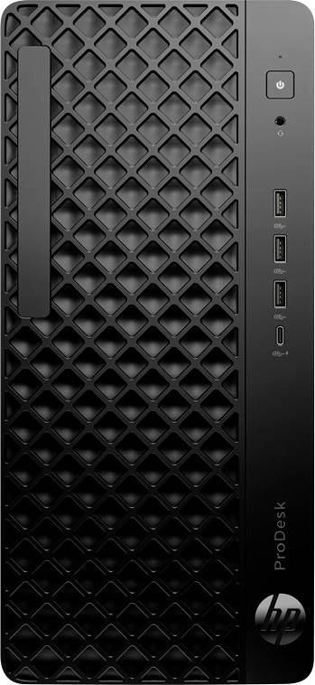 Schwarzer HP ProDesk Desktop-Computer-Tower mit einer strukturierten Frontblende, mehreren USB-Anschlüssen und einem Einschaltknopf oben rechts.