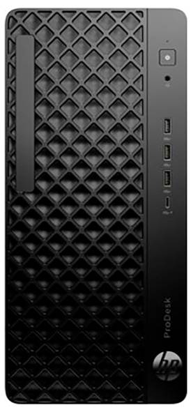 Ein schwarzer Desktop-Computerturm mit einem strukturierten Rautenmuster auf der Vorderseite. Er verfügt über mehrere USB-Anschlüsse und einen kleinen Einschaltknopf.