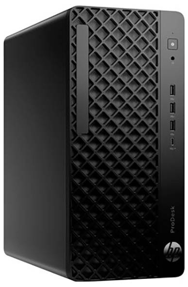 Ein schwarzer Desktop-Computerturm mit einer strukturierten Frontplatte, mehreren USB-Anschlüssen und einem Einschaltknopf auf der rechten Seite.