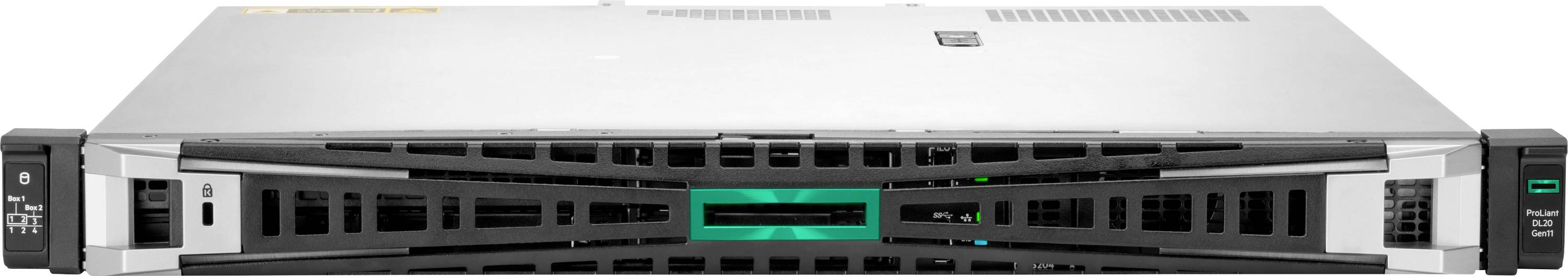 Ein schwarzer und silberner Rack-Server mit grünen Akzenten auf der Vorderseite, der typischerweise in Rechenzentren für Rechenaufgaben verwendet wird.