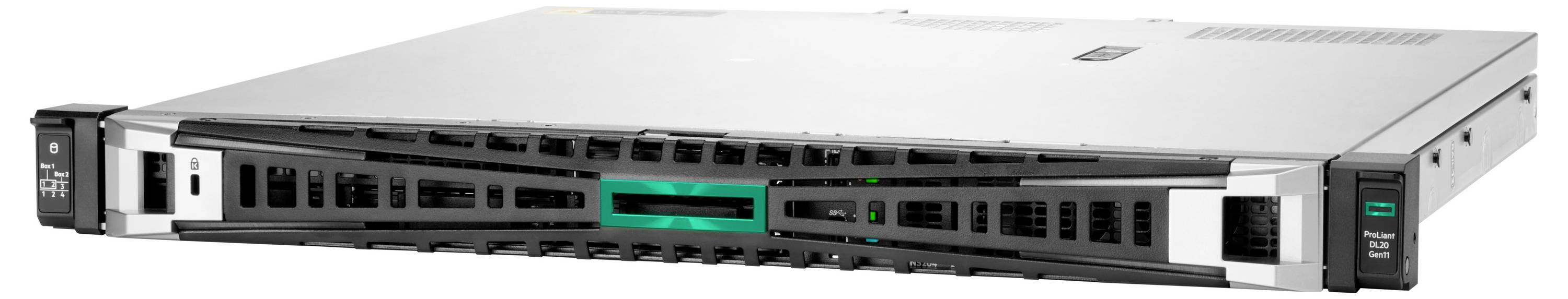 Ein schlankes, silbernes Servergehäuse mit belüfteter Frontplatte und integrierten Anschlüssen, ausgelegt für den Einbau in einem Rechenzentrum.