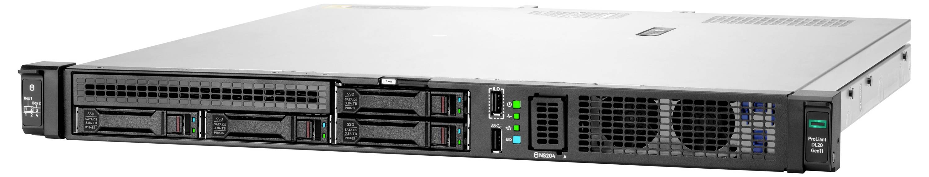Ein Rack-Server mit mehreren Festplattenschächten und Indikatorleuchten, der die Frontplatte mit Anschlüssen zeigt.