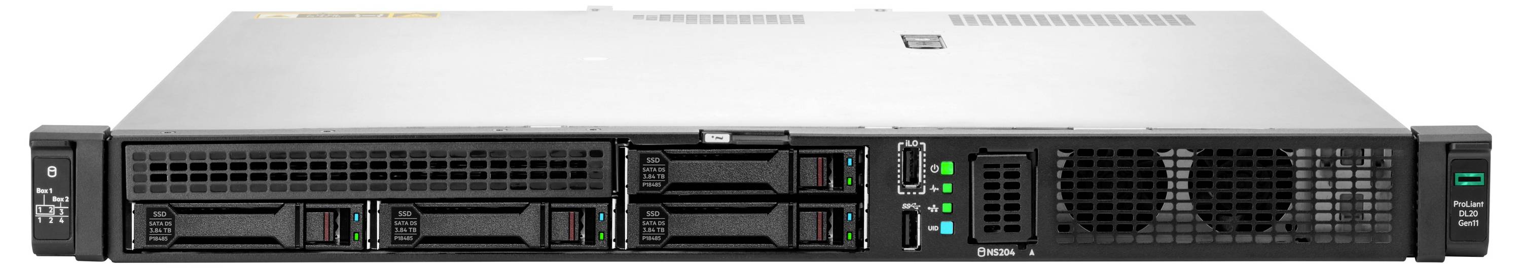 Ein silberner und schwarzer Server mit mehreren Festplattenschächten und Anzeigelichtern, der wahrscheinlich in Rechenzentren oder IT-Infrastruktur-Umgebungen eingesetzt wird.