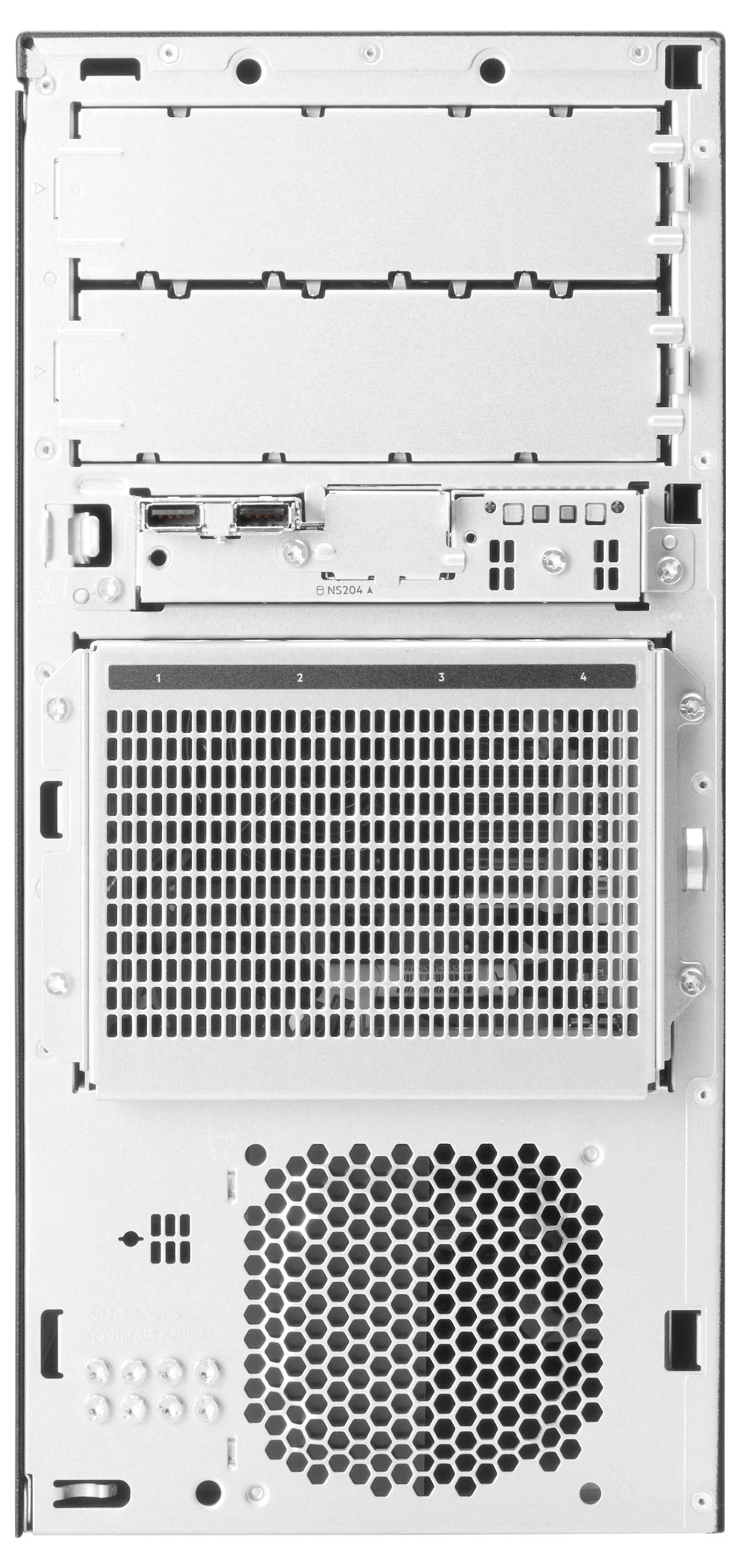 Rückansicht eines Computergehäuses mit mehreren Anschlüssen und Lüftungsschlitzen.