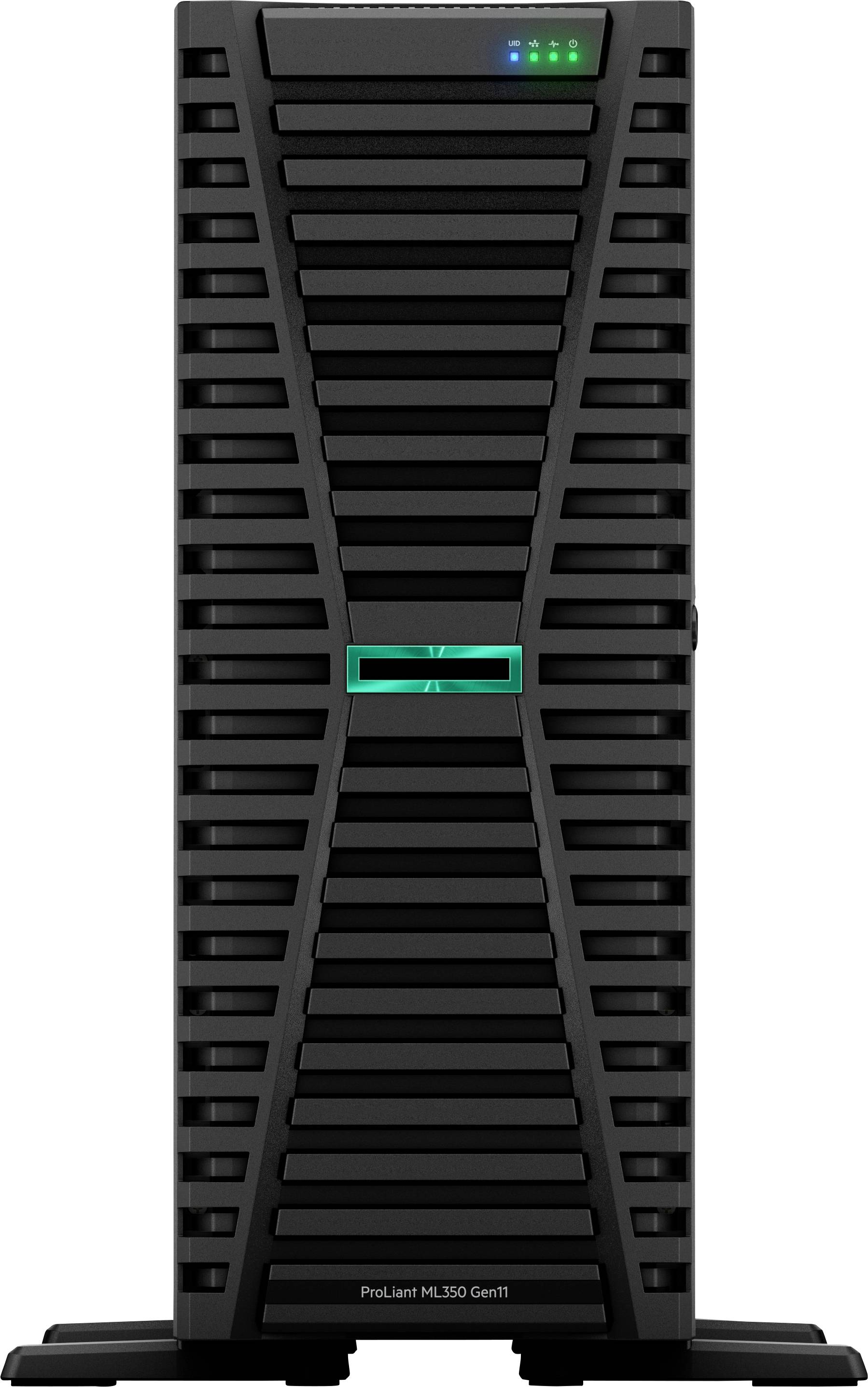 Ein schwarzer Tower-Server mit belüfteter Frontplatte, vier Status-LEDs oben, beschriftet mit „ProLiant ML350 Gen11