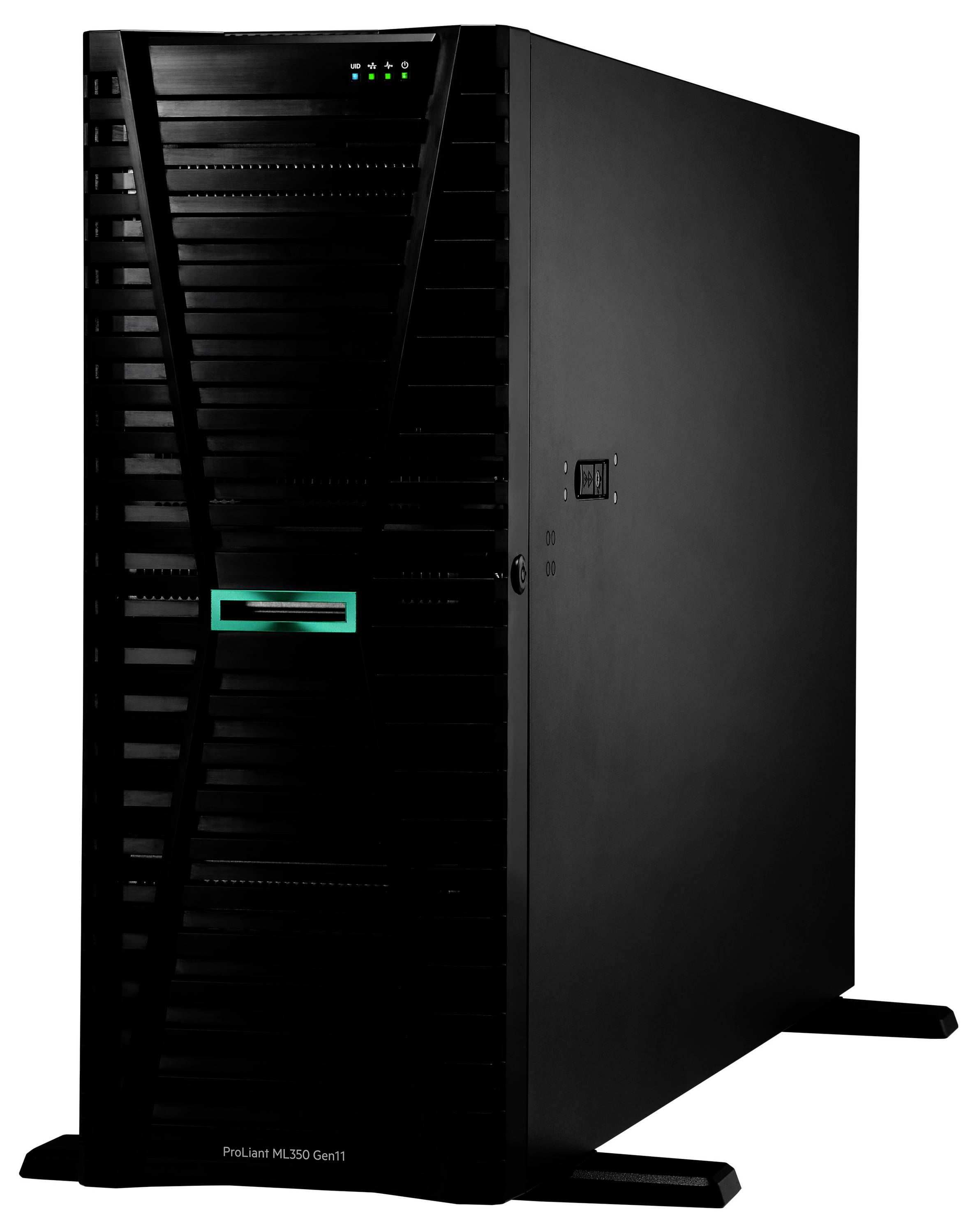 Ein schwarzer Server-Tower mit mehreren Lüftungsschlitzen und Anzeige-LEDs, beschriftet mit ProLiant ML350 Gen11, der auf einer ebenen Oberfläche steht.