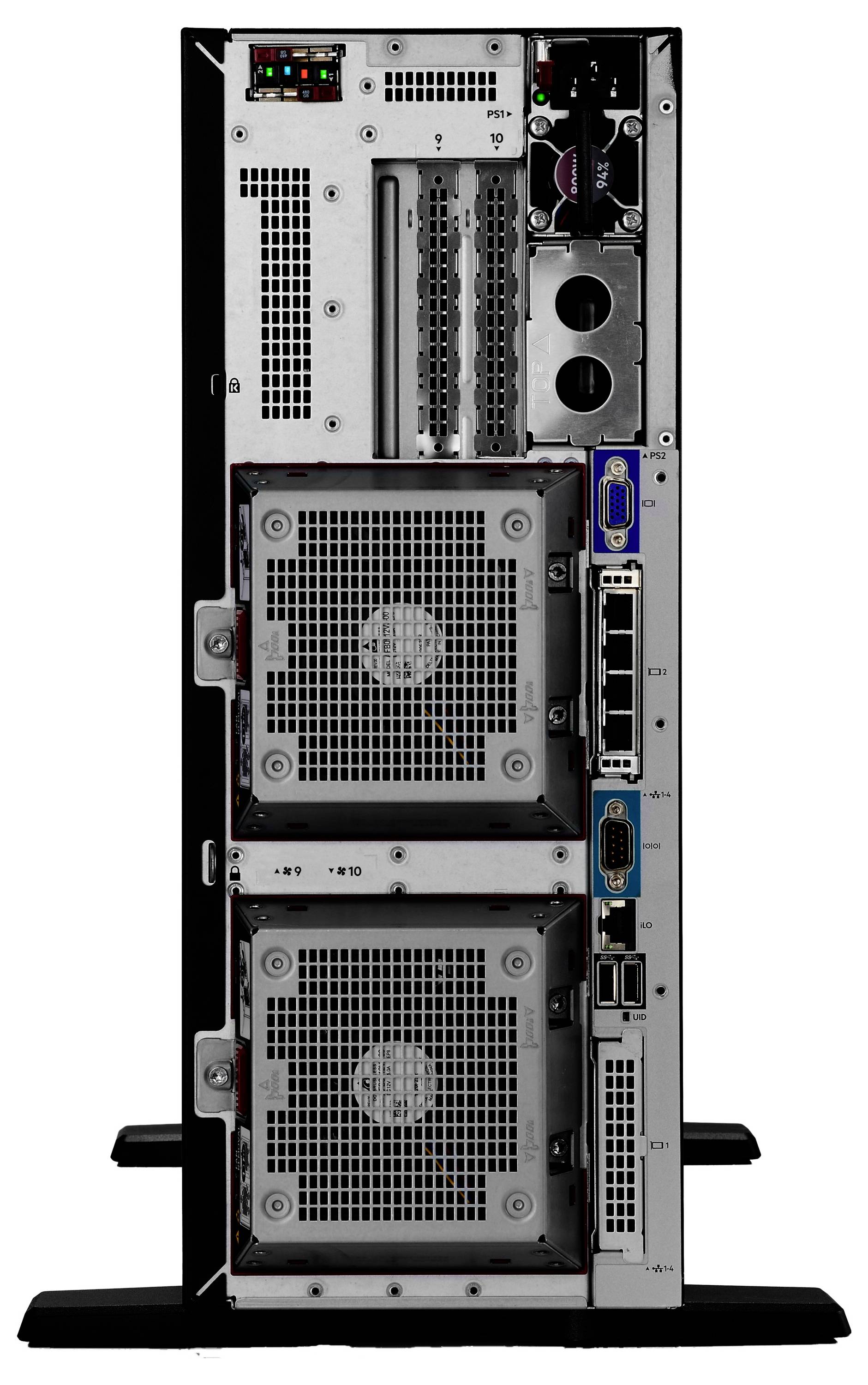 Das Bild zeigt die Rückansicht eines Tower-Servers mit zwei Kühlventilatoren, verschiedenen Anschlüssen für Konnektivität und Netzteileinheiten.