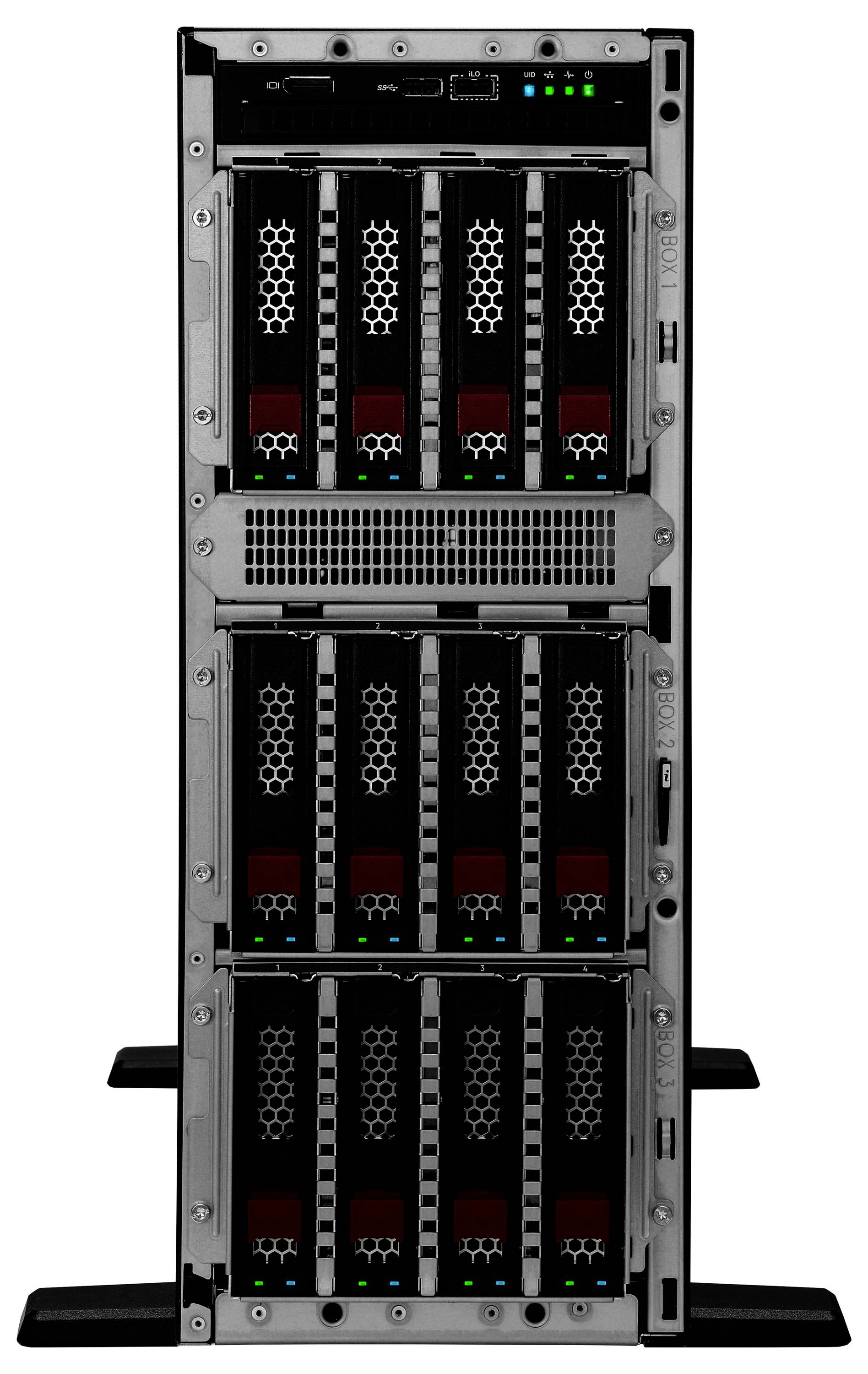 Ein hoher, schwarzer Serverrack, gefüllt mit mehreren Servereinheiten, mit belüfteten Paneelen und Statusleuchten.