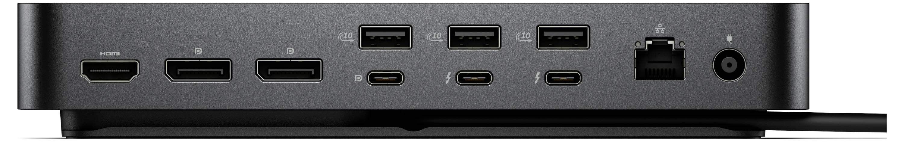 Rückansicht einer Computerdocking-Station mit mehreren Anschlüssen, einschließlich HDMI, USB-A, USB-C, Ethernet und Stromeingang.