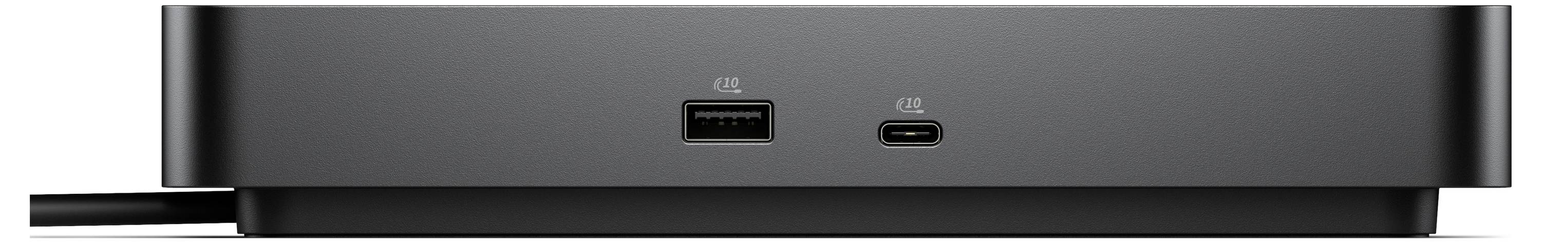 Eine Nahaufnahme eines schwarzen Geräts, das einen USB-Anschluss und einen USB-C-Anschluss auf seinem Frontpanel zeigt.