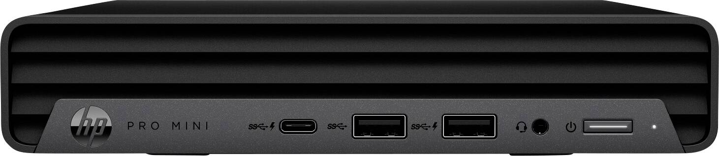 Frontansicht eines schwarzen HP Pro Mini-Computers mit einem USB-C-Anschluss, zwei USB-A-Anschlüssen, einem Audioeingang und einem Einschaltknopf.