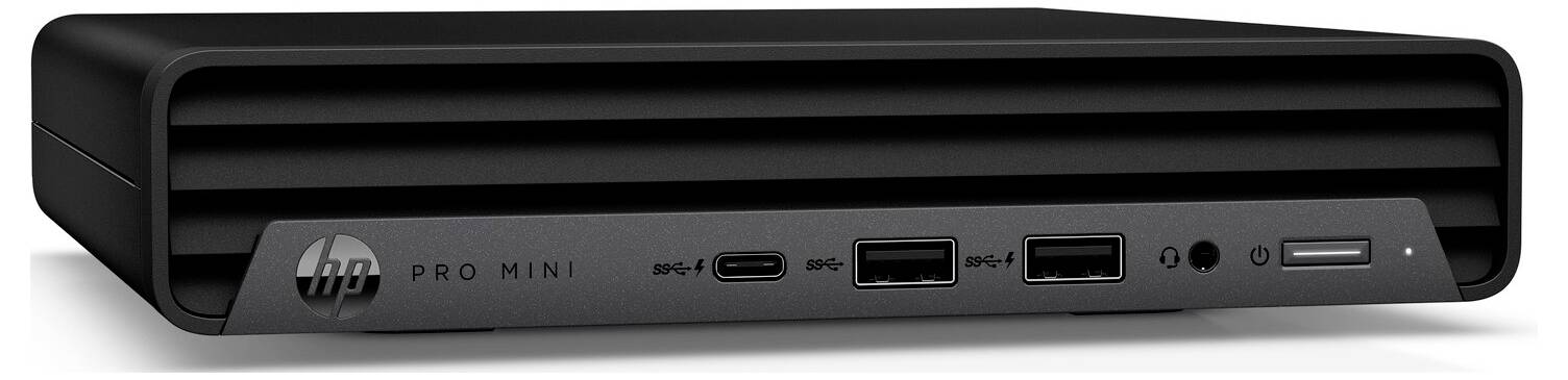 Ein schwarzer, kompakter HP Pro Mini Desktop-Computer mit mehreren Anschlüssen an der Vorderseite, darunter USB-C, USB-A und ein SD-Kartenslot.