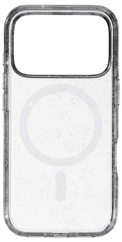 Transparente Handyhülle mit einem kreisförmigen Magnetmuster auf der Rückseite, entwickelt für MagSafe-Ladung.