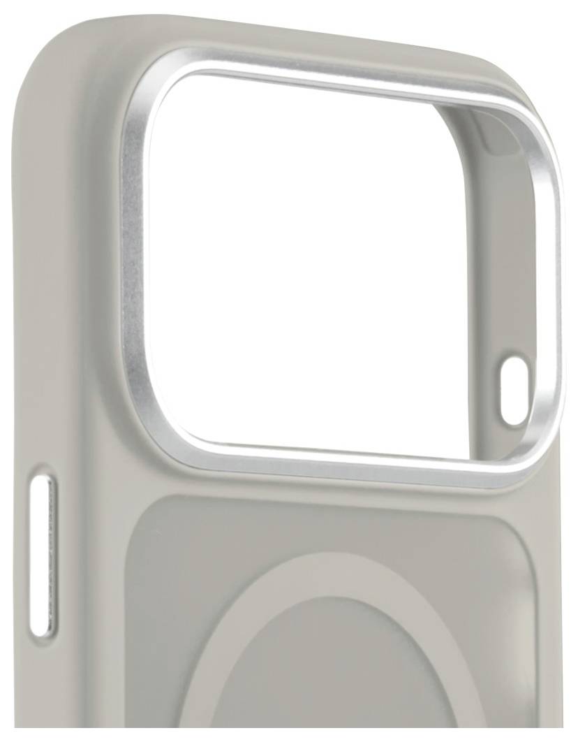 Eine beige Handyhülle mit einer großen Kameraausparung auf der Rückseite, die für ein Gerät mit mehreren Kameraobjektiven konzipiert ist.