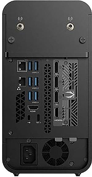 Das Bild zeigt die Rückseite eines schwarzen Computertowers mit mehreren Anschlüssen, einschließlich USB, HDMI und Ethernet sowie einem Stromstecker.
