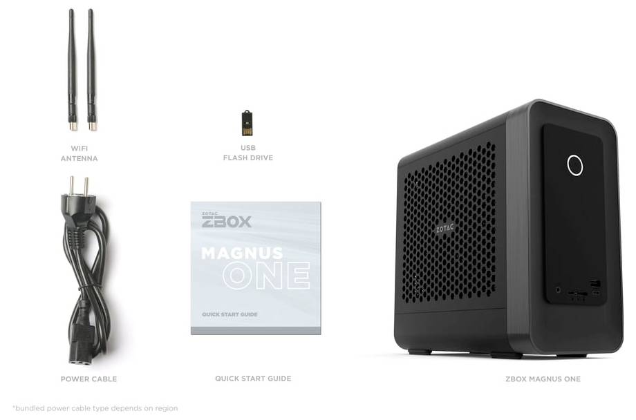 Lieferumfang des 'ZBOX Magnus One': WLAN-Antenne, USB-Stick, Netzkabel, Schnellstartanleitung, kompakter Desktop-Computer.