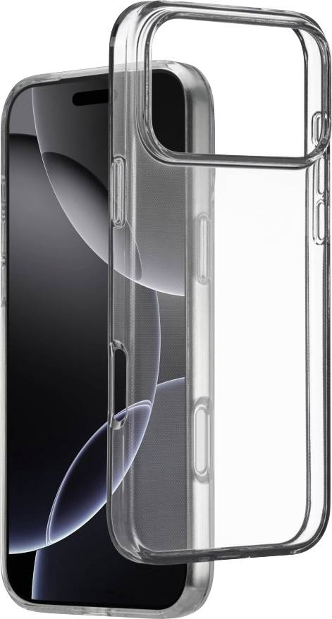 Ein Smartphone mit einem durchsichtigen, transparenten Schutzgehäuse, von vorne gezeigt, wobei das Gehäuse leicht abgetrennt ist und beide Gegenstände sichtbar sind.