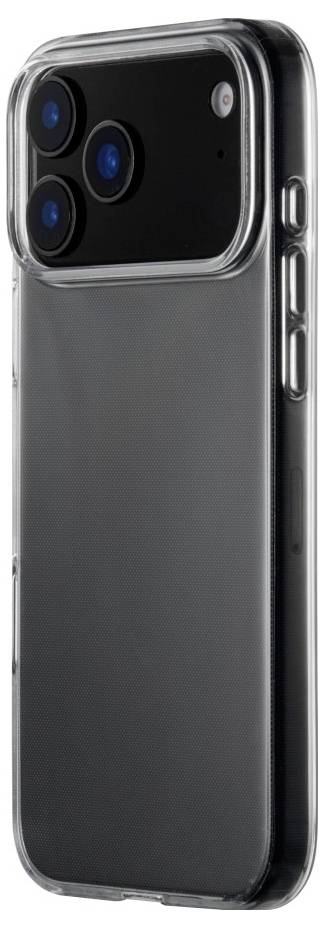 Ein schwarzes Smartphone in einer transparenten Hülle mit drei Rückkameras und einem Blitz in der oberen linken Ecke.