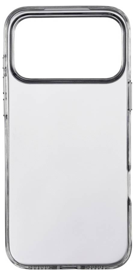 Eine transparente Smartphone-Hülle mit minimalistischem Design, die eine große Aussparung für die Kamera aufweist und Tasten an den Seiten freilegt.