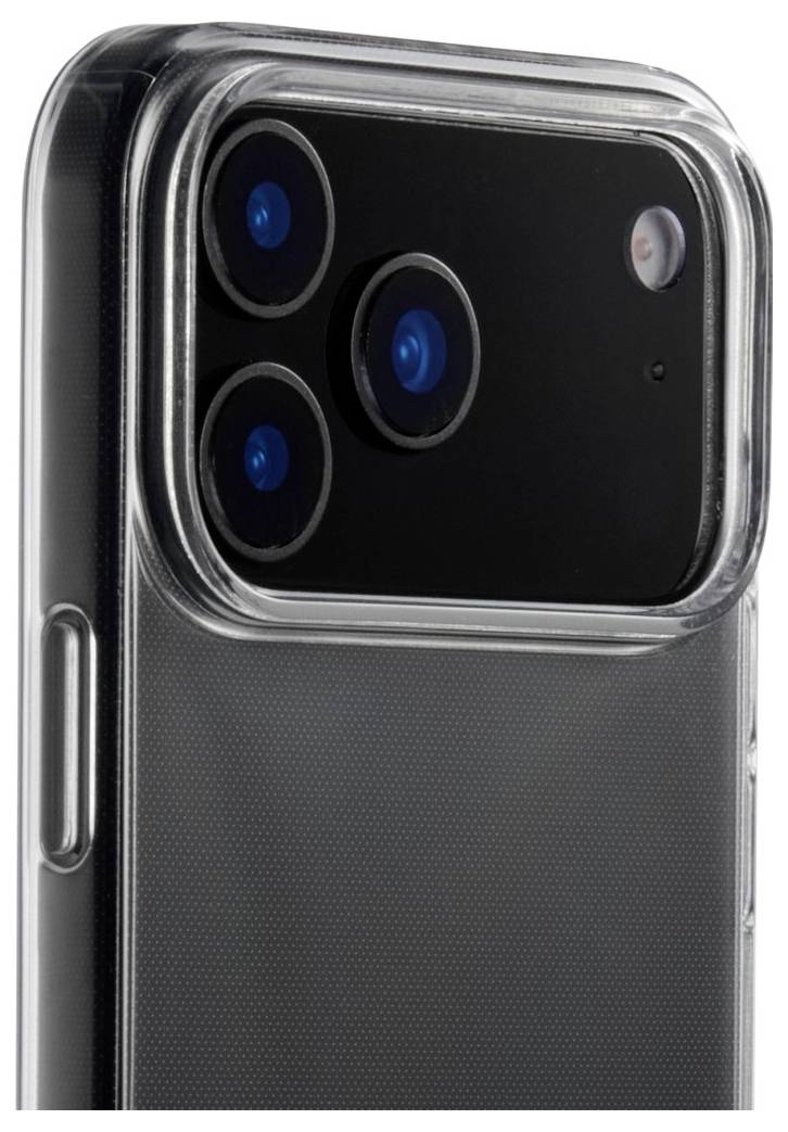 Eine Nahaufnahme eines Smartphones mit einer transparenten Schutzhülle, die seine drei Rückkameras und den Blitz hervorhebt.