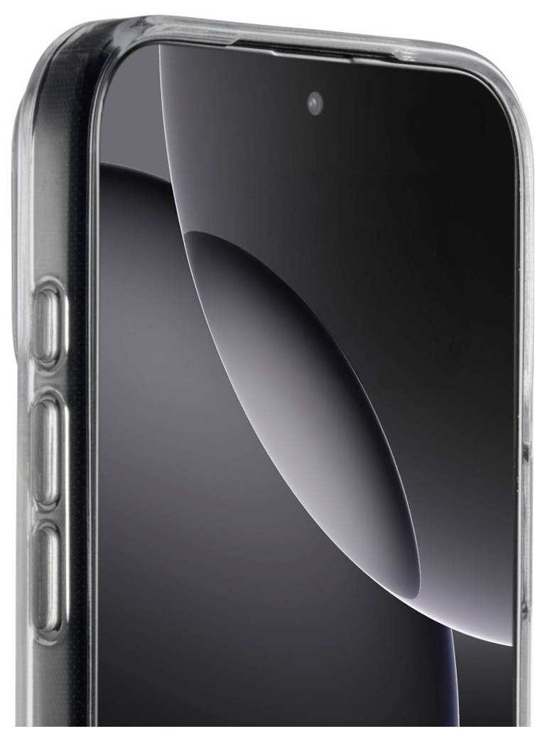 Ein Smartphone mit einem eleganten schwarzen Bildschirm und einer transparenten Schutzschale, das sein minimalistisches und modernes Design zur Geltung bringt.