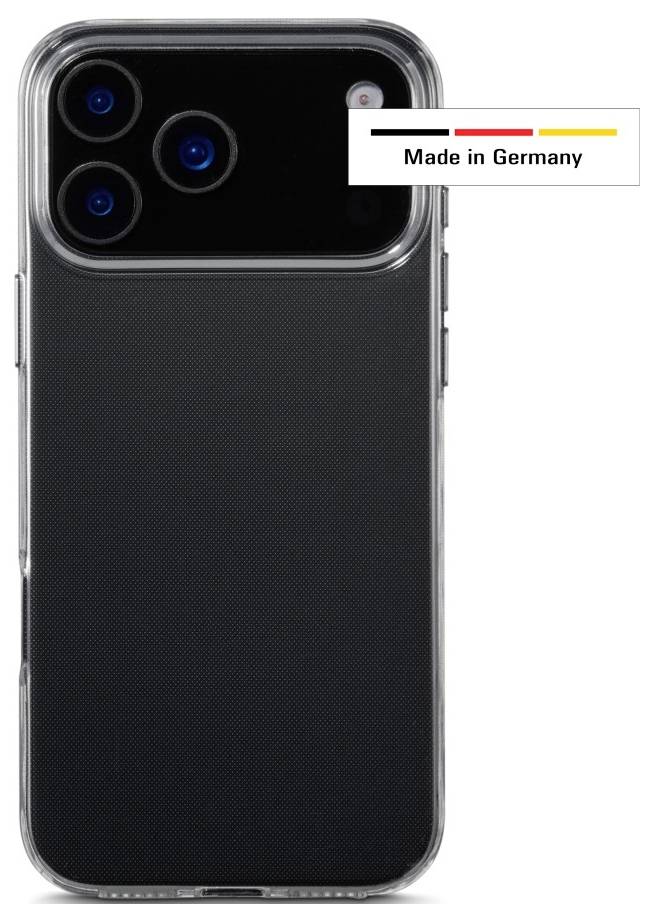Schwarzes Smartphone mit dreifacher Kamera und transparenter Schutzhülle. Ein Etikett mit den Farben der deutschen Flagge trägt die Aufschrift 