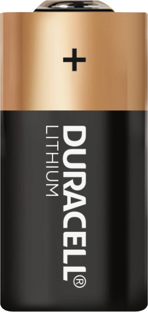 Eine schwarze und kupferfarbene Batterie mit 'DURACELL' und 'LITHIUM' Schrift, die oben ein Pluszeichen zeigt.