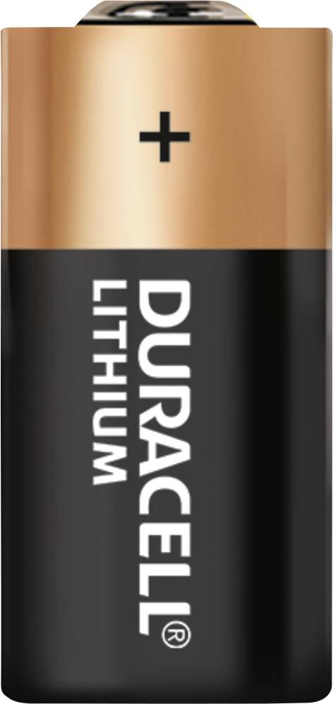 Eine Duracell-Lithiumbatterie mit einem schwarz-kupferfarbenen Design, die den positiven Pol an der Oberseite zeigt.