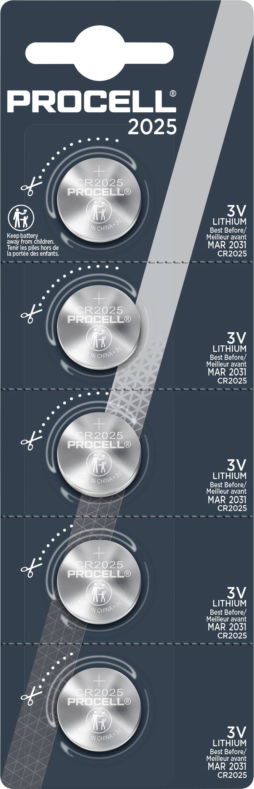 'PROCELL 2025' Lithium-Batterien in einem vertikalen Pack. Fünf 3V-Knopfbatterien mit Etiketten, die 'Lithium-Knopfzelle' und das Ablaufdatum 'März 2025' anzeigen.