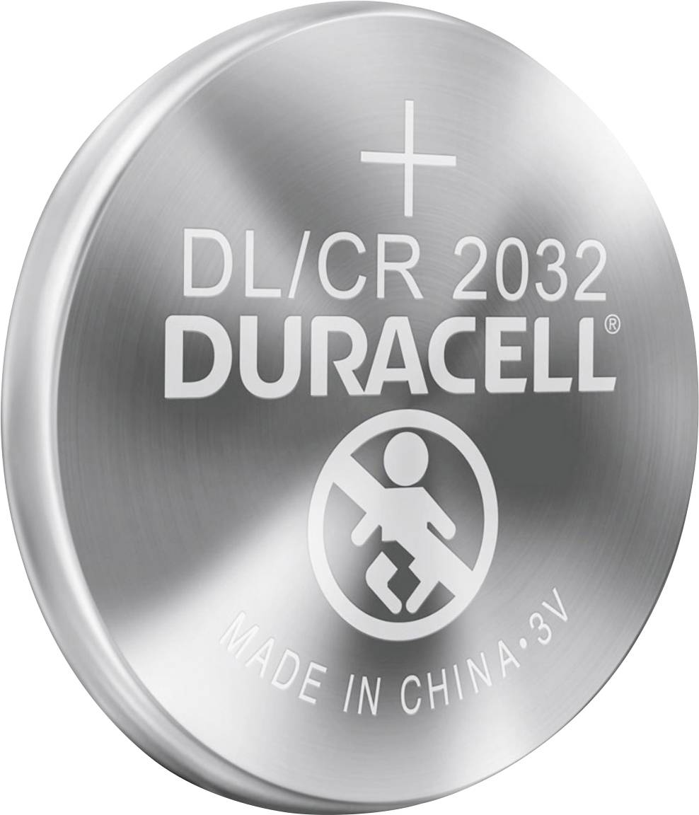 Duracell-Knopfzellenbatterie mit der Bezeichnung 'DL/CR 2032, 3V', 'Hergestellt in China', mit einem Warnzeichen gegen Verschlucken durch Kinder.