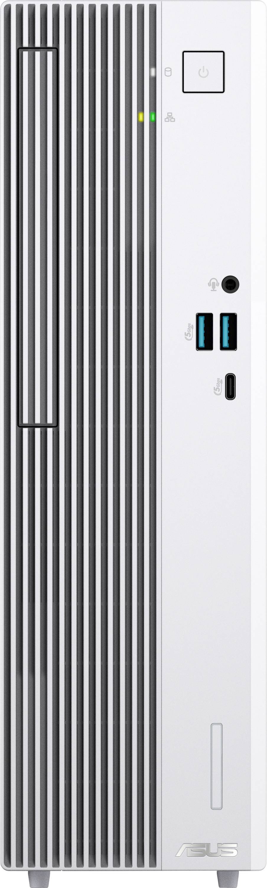 Das Bild zeigt die Frontplatte eines vertikal stehenden ASUS-Desktop-Computergehäuses mit USB-Anschlüssen, Einschaltknopf und Lüftungsgitter.