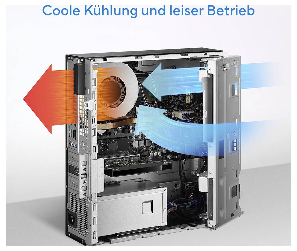 Die Grafik zeigt einen Computertower mit Pfeilen, die die Luftströmung zur Kühlung veranschaulichen. Orange Pfeile kennzeichnen den Austritt von heißer Luft, blaue Pfeile den Eintritt von Kühlluft.